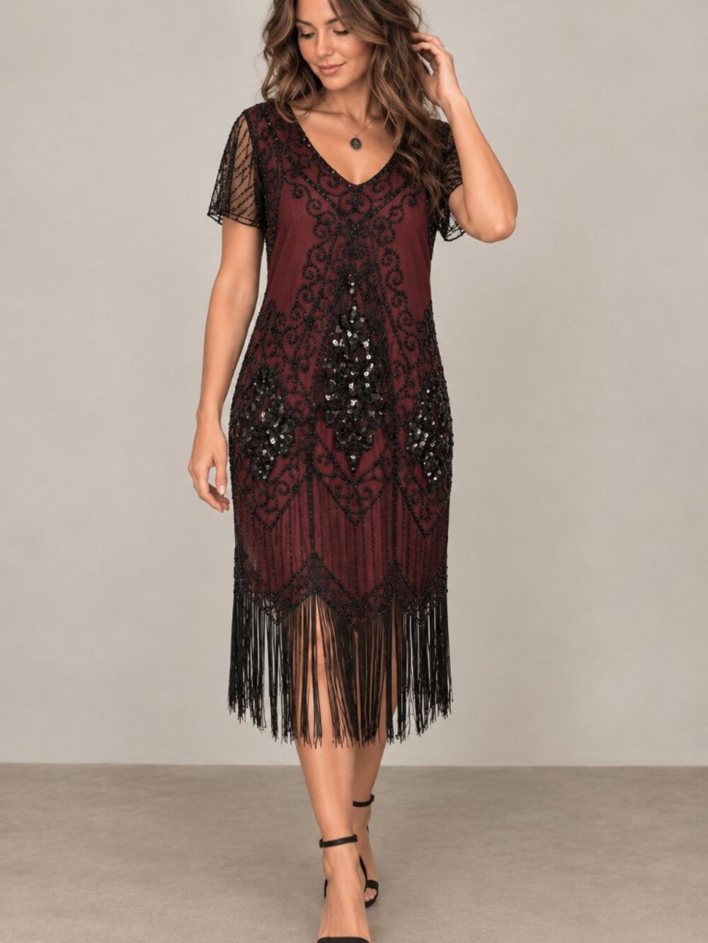 Kagamiga Dress Womens XL Burgundy Black Sequin Fringe Flapper 20s Whimsigoth